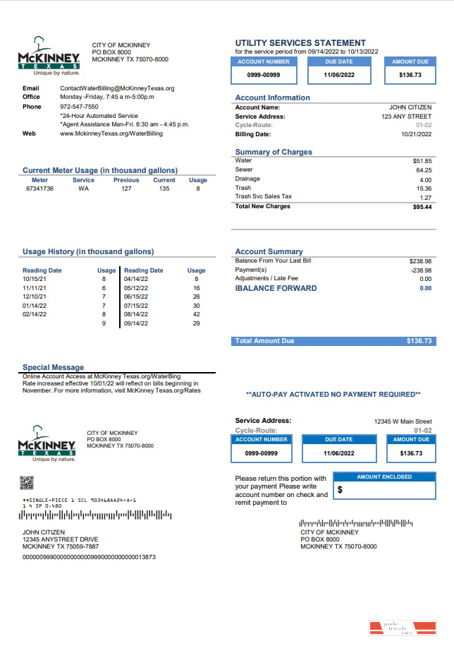 USA Texas McKinney utility bill template in Word and PDF format